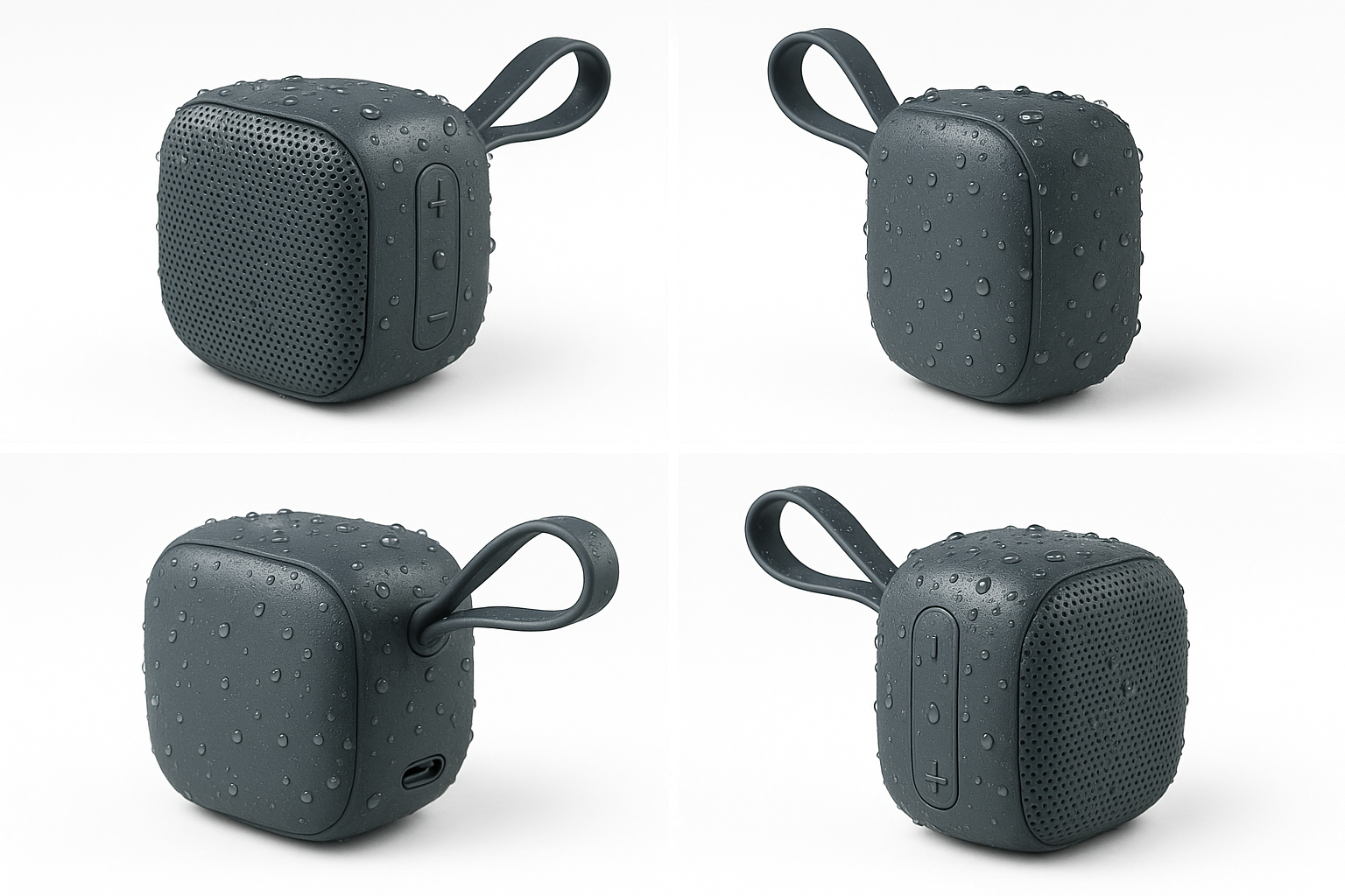 A small, modern water-resistant portable speaker