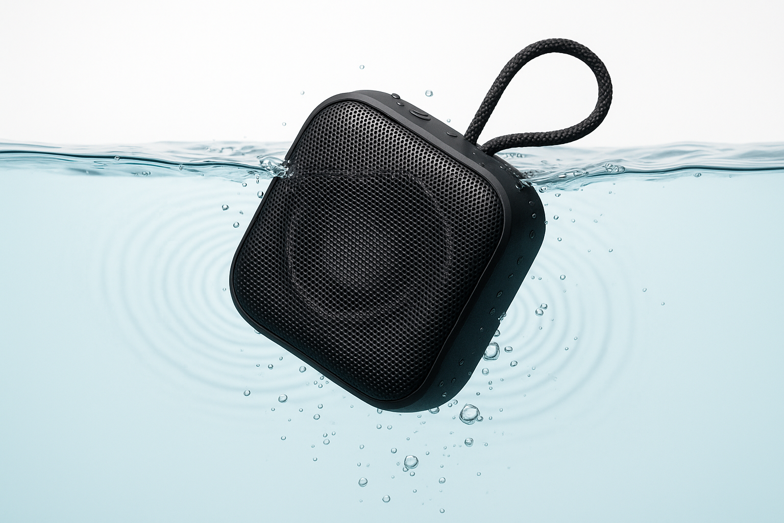 A water-resistant speaker partially submerged in water